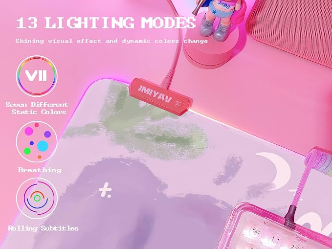 JMIYAV Pink RGB Gaming Mouse Pad 31.5x12 Inch Cute Mousepad PC XL Large Extended Glowing Led Light Up Desk Pad Non-Slip Rubber Base Computer Mat Desk Accessories Gaming Setup Purple Tulip Bunny