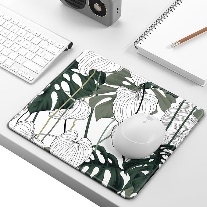 Mouse Pad, Minimalism Marble Style Computer Pad, Anti-Slip Rubber Mouse Mat with Stitched Edges for Gaming, Office, Laptop, PC, Women, 9" x 8" Thick 3 mm, Monstera Leaves