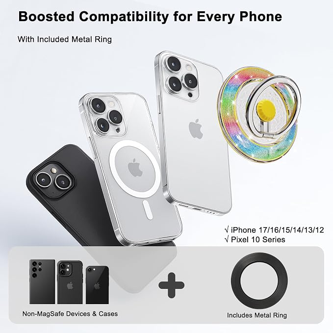 Magnetic Phone Ring Holder for MagSafe, Glitter Magnet Finger Ring Grip Stand Holder, Fit for iPhone 17 16 15 14 13 12, Pro, Pro Max, Plus, Mag Safe Accessories, Yellow-Colorful