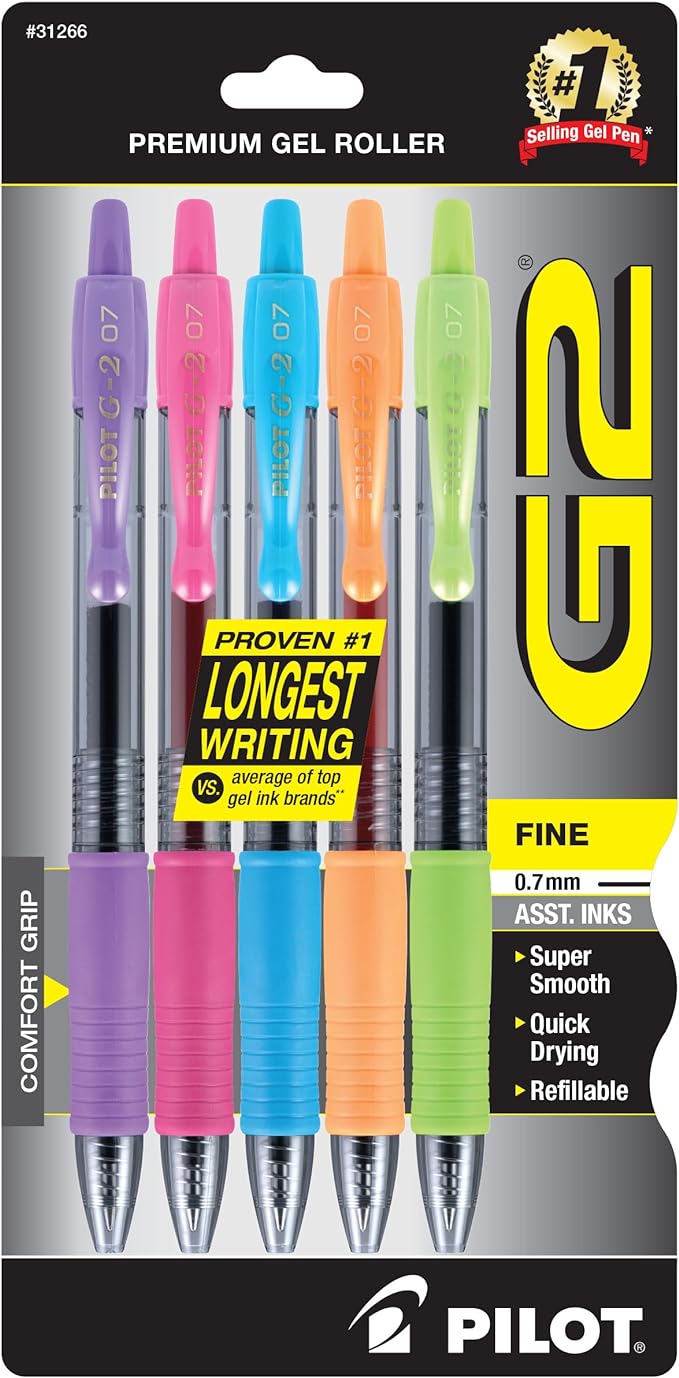 PILOT G2 Rolling Ball Colored Gel Pens, 0.7mm, Assorted Color Inks, 5-Pack