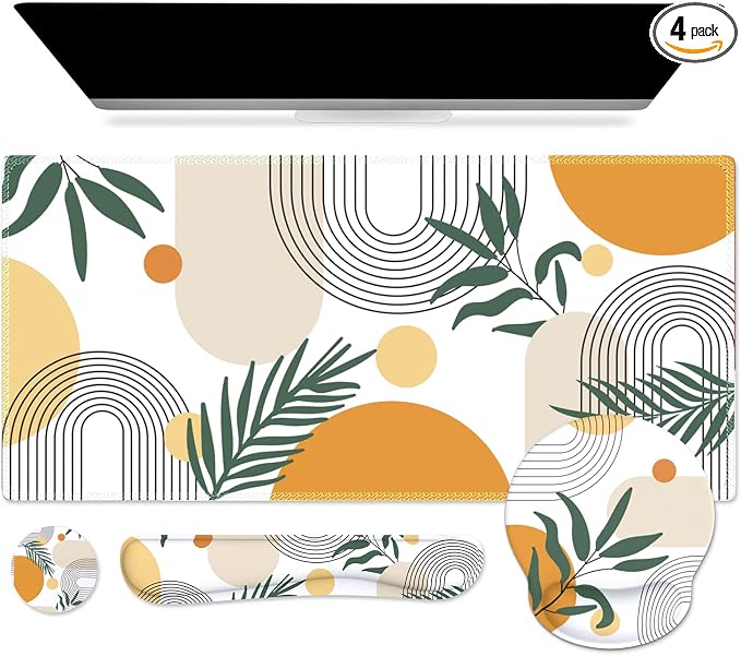 iCasso Elm Leaf Writing Pad 35.4"x15.7", Desk Protector for School | Charming Ergonomic Desk Pad Including Keyboard Wrist Rest, Mousepad Set for Cubicle Home Workspace Study Space