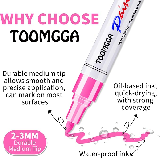 TOOMGGA 2 Pink Paint Pens Permanent Paint Markers, Oil Based Medium Tip | Marking Pens, Quick Drying, Waterproof, Fade-resistant, for Rock Painting, Car Tyre, Metal, Plastic, Canvas, Mugs, Wood
