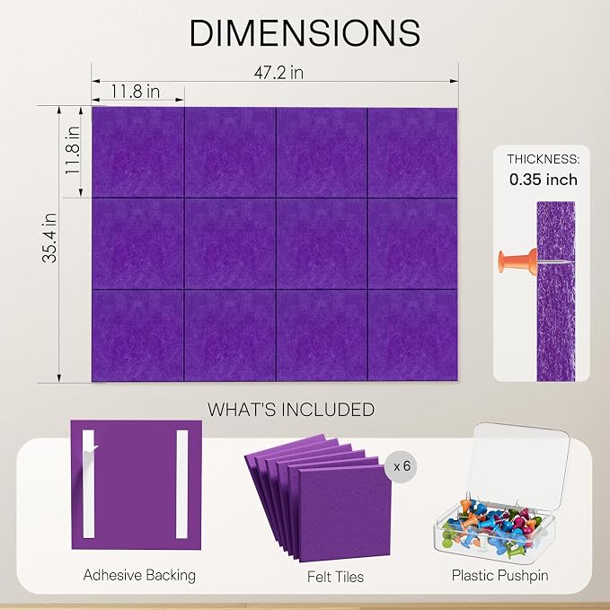 MaxGear Felt Bulletin Board 48" x 36", Violet Felt Wall Tiles Wall Decor | Modern Cork Board For Office Alternative, 12 Pack 11.8" x 11.8" Wall Panels With Push Pins, Vision Board Office & Home Decor