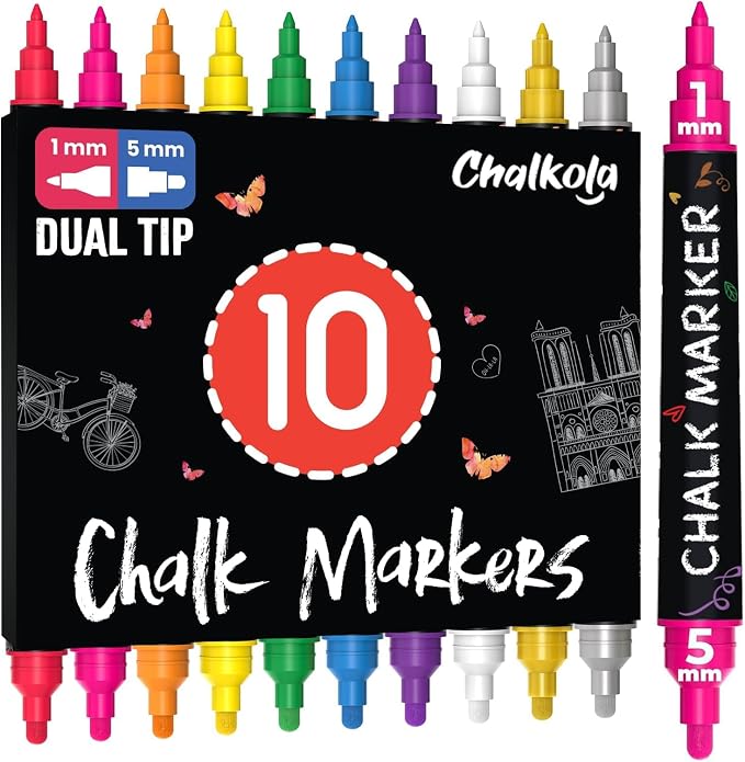 Chalkola Dual Tip Liquid Chalk Markers for Blackboard, Chalkboard, Window | (10 Pack, 1mm+5mm Fine, Bold Tip, w/ Gold Silver) - Wet Erase, Erasable Chalk Pens for Car Windows, Calendar, Glass, Board