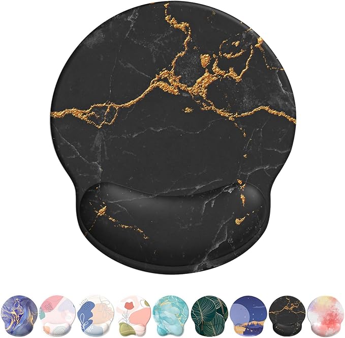 Mouse Pad with Wrist Rest, Comfortable Computer Mousepad with Gel Wrist Support Smooth Surface and Non-Slip PU Base for Pain Relief, Laptop, Office & Home (Black Marble)