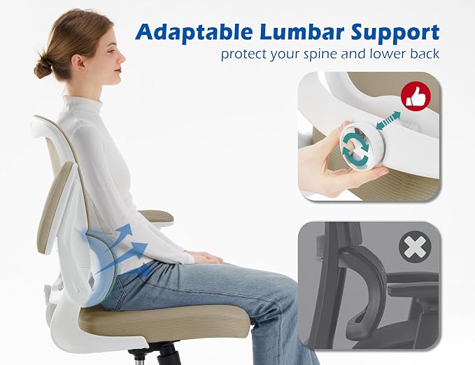 TRALT Ergonomic Office Chair Desk Chair with Adjustable Lumbar Support | Desk Chair Comfy with Flip-up Armrests Ergonomic Chair - Mesh Computer Chairs for Adults, 330lbs, PU Leather (Khaki, 1)