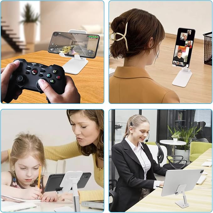 Cell Phone Stand for Desk, Angle & Height Adjustable Phone Holder, (White) | Fully Foldable, Fits for All Under 6.5" Smartphones, Ideal for Home, Office & Travel Use