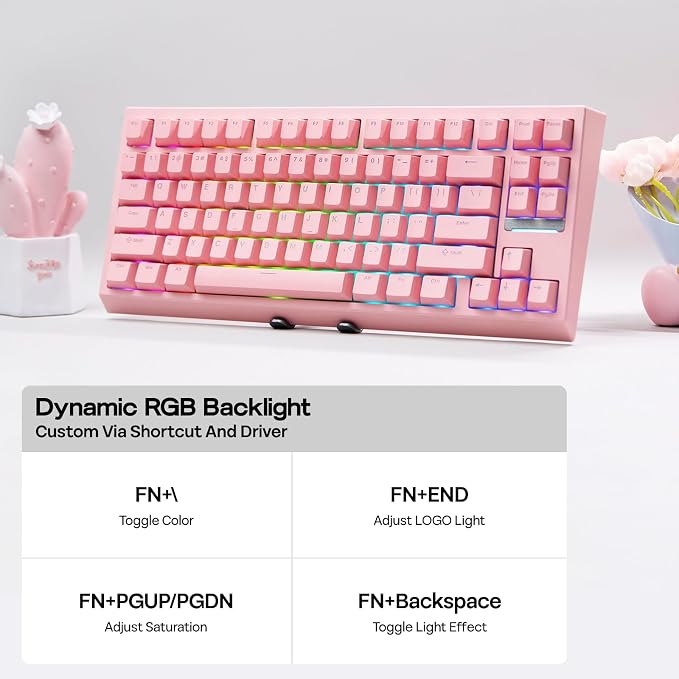 EPOMAKER G84 80% RGB Gaming Mechanical Keyboard with Shine Through Keycaps | 2.4GHz/ Type-C/BT Wireless Keyboard, VIA Programmable, Hot-Swap, Creamy Keyboard for Gamers/Office (Pink, Creamy Jade Switch)