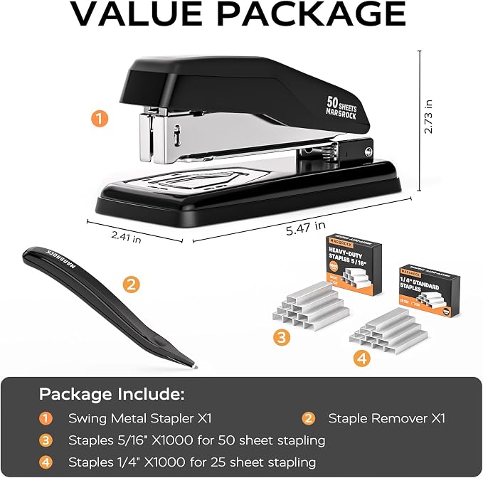 Marsrock Desktop Stapler, Swing-Arm Swivel Stapler, 50 Sheet Capacity, 2000 Staples and Staple Remover, Rotatable Heavy Duty Staplers for Office, Home, Classroom, Booklet, Book Binding,Black