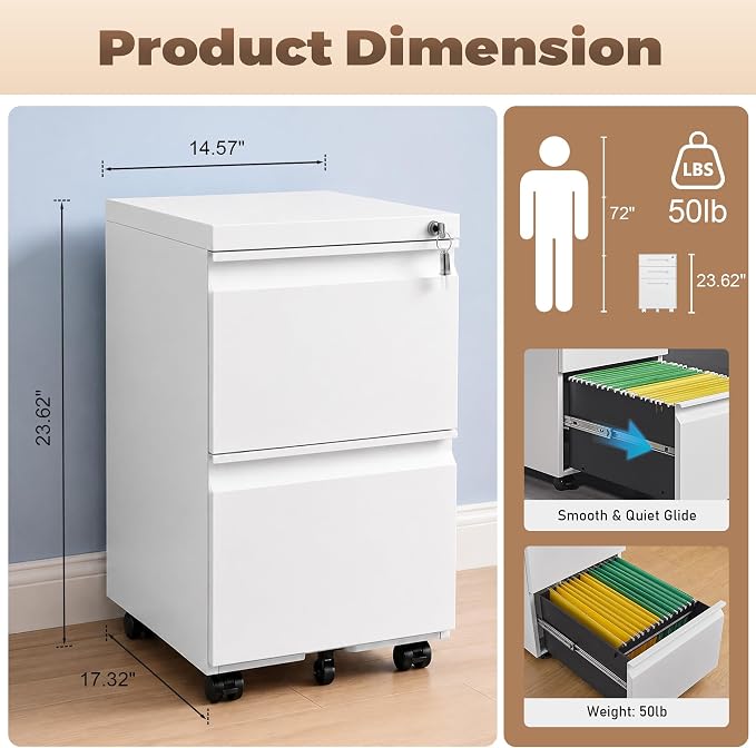 Approgreent 2 Drawer Metal File Cabinet, Fully Assembled Locking Filing Cabinet with Anti-Tipping Wheels, Quiet Slide, Heavy-Duty Steel Construction, Fits A4 Letter Legal for Home Office, Matte White