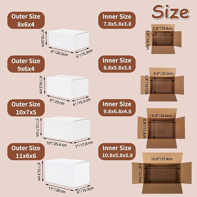 Hoikwo 40 Packs White Shipping Boxes Mixed Sizes | 10 PCS Each of 11x6x6, 10x7x5, 9x6x4, 8x6x4, Cardboard Box for Small Business Packaging and Mailing