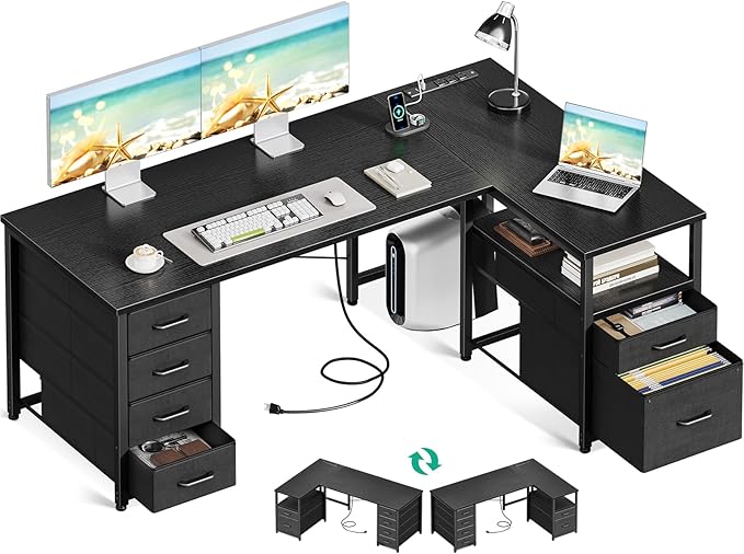 Coleshome 55 Inch L Shaped Office Desk with 6 Drawers, Power Outlet, Black | 5 Fabric Drawers, File Drawer, USB and Type-C Ports, Open Storage Shelf, Reversible Layout for Home Office