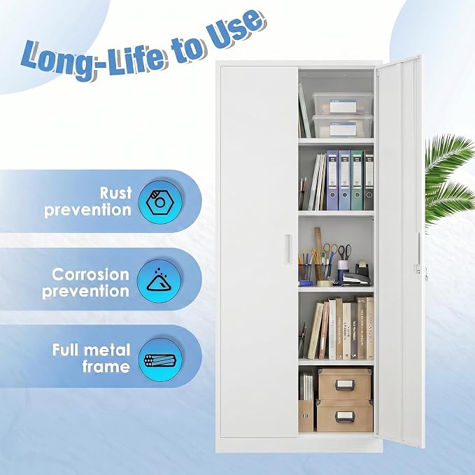 71-Inch White Metal Storage Cabinet with Locking Doors | Four adjustable shelves organize tools, files, pantry supplies, and office items in a tall freestanding cabinet.