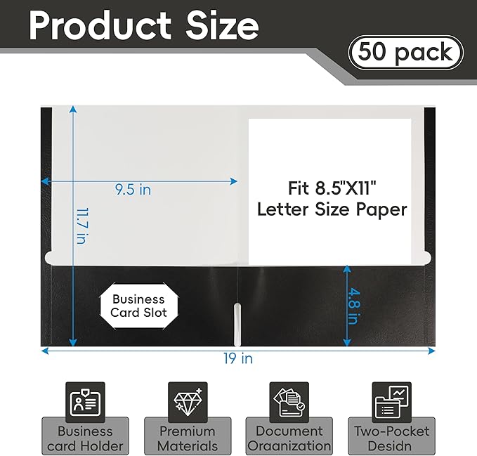 50 Packs Black Two Pocket Folders,File Folder Letter Size,8.5x11Inches File Folders for Office,School and Home,Organizer File Folder