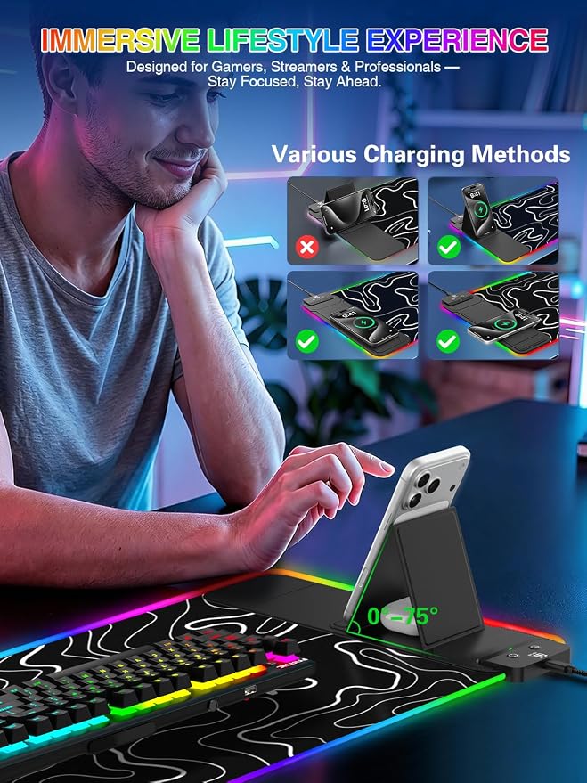 RGB Mouse Pad with Foldable Phone Stand Wireless Charger, 31.5"x11.8" XL Gaming Mousepad Large Desk Mat, Desk Pad with 11 Colors 5 Modes, Waterproof