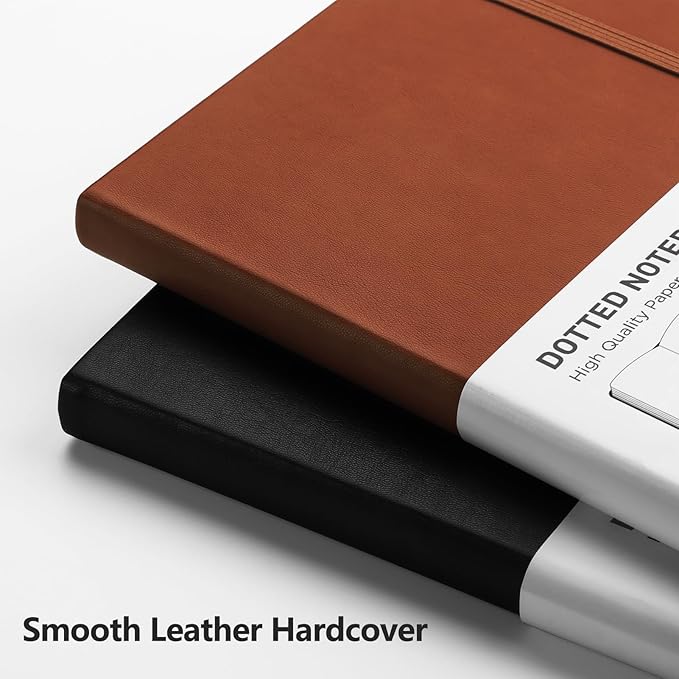 RETTACY Dotted Journal Notebook, 2-Pack, 160 Numbered Pages per Pack, A5 Medium Size (5.7'' x 8.3''), 120 GSM Thick Paper, Leather Hardcover, for Journaling, Planning, Tracking (Black & Brown)
