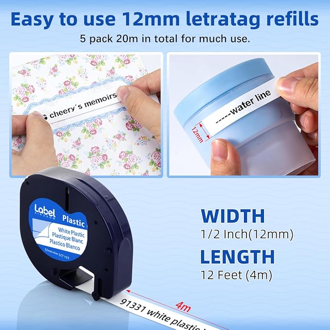Compatible with Dymo LetraTag Label Maker Refills 91331 Plastic White Tape 12mm x 4m (1/2" x 13'), for Labeler Letra Tag 200B, LT 100T 100H Plus, 5-Pack Label KINGDOM Cartridges