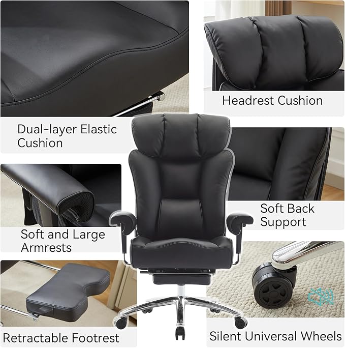 Efomao Big and Tall Executive Office Chair 450lbs,Black | 5.9" Thick Pocket Spring Cushion, Reclining Breathable PU Leather Desk Chair with Foot Rest, Soft Comfortable Support
