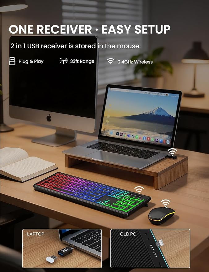 Wireless Keyboard and Mouse Combo with RGB Backlit, Rechargeable | Light Up Letters, Full-Size, Soft Typing, Sleep Mode, 2.4GHz Quiet Keyboard Set for Mac, Windows, Laptop, PC, Trueque KM42Pro