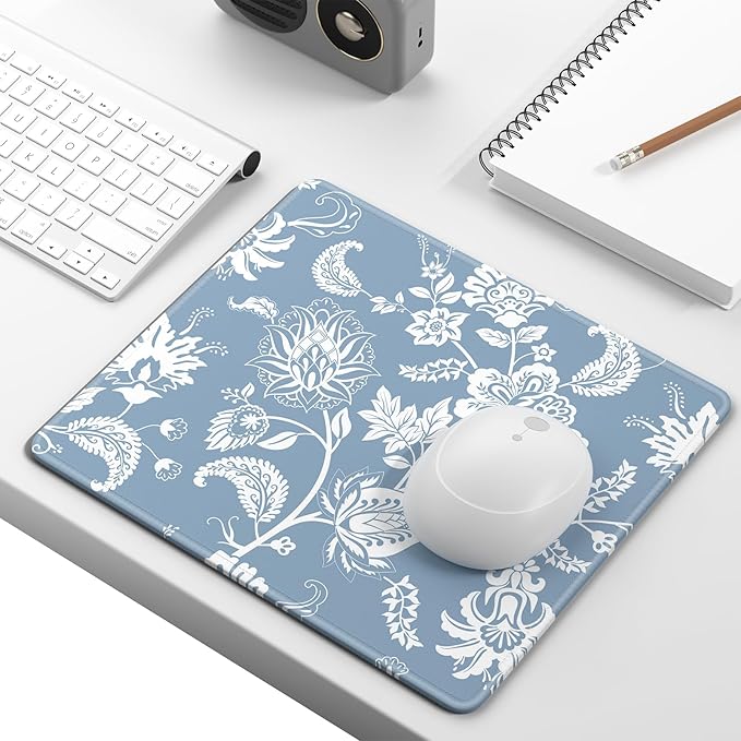 Mouse Pad, Minimalism Marble Style Computer Pad, Anti-Slip Rubber Mouse Mat with Stitched Edges for Gaming, Office, Laptop, PC, Women, 9" x 8" Thick 3 mm, Blue Flower
