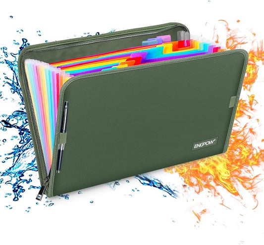 ENGPOW Expanding File Folder,Fireproof 13 Pockets Document Organizer Bag | Accordion File Organizer with Zipper＆Labels,Portable Home Travel Safe Storage for Important Files,Papers,Letter Size,Green