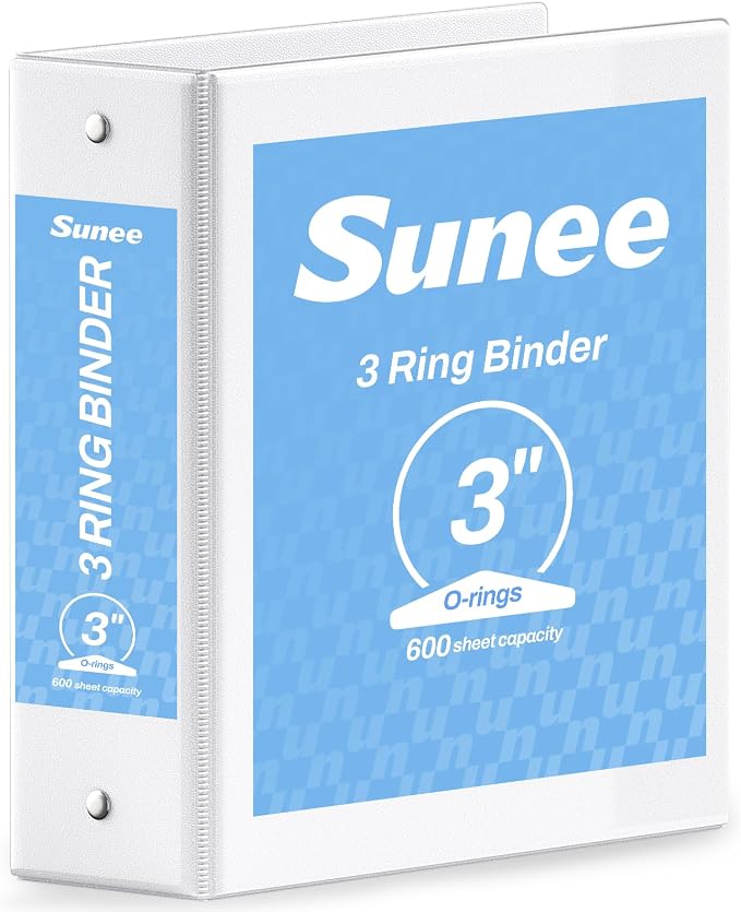 SUNEE 3 Ring Binder 3 Inch 1 Pack, Clear View Binder Three Ring PVC-Free (Fit 8.5x11 Inches) for School or Office Supplies, White