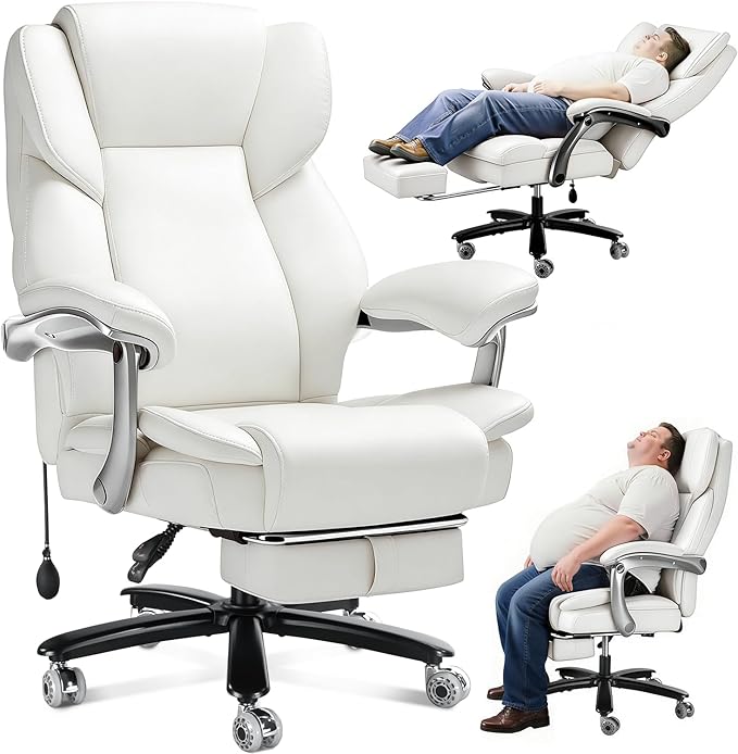 600lbs Big and Tall Office Chair for Heavy People,Heavy Duty Comfy Executive Office Desk Chair with Adjustable Lumbar Support,High Back Reclining PU Leather Computer Chair (Classic, White)