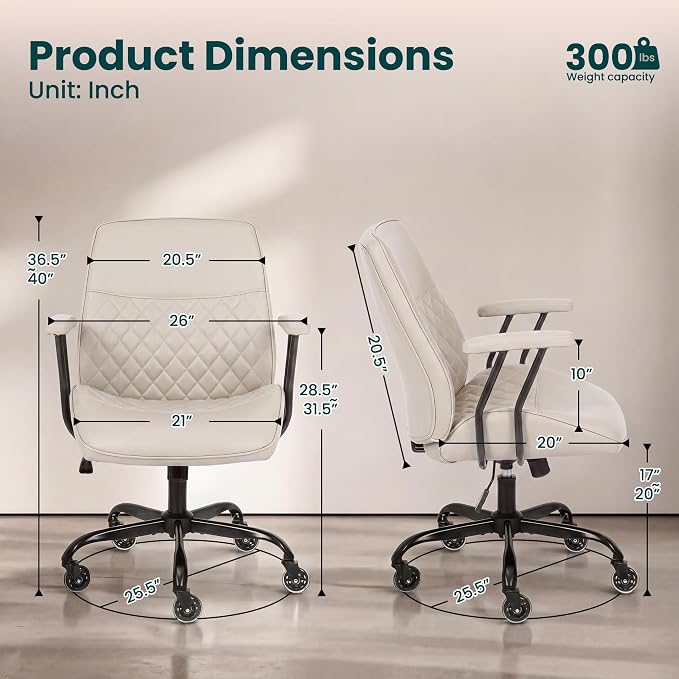 NEO CHAIR Leather Office Chair with Ergonomic Design, Swivel Chair, Ivory | Modern Computer Desk Chair with Genuine Leather, Lumbar Support, Removable Arms, Comfy Chair for Home Office, Smooth Rolling