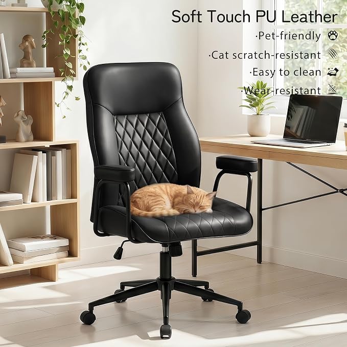 Leather Office Chair, Comfy Home Office Desk Chair, Mid Century Modern Office Chair with Lumbar Support, Mid-Back Adjustable Swivel Computer Chair with Wheels and Arms, Black