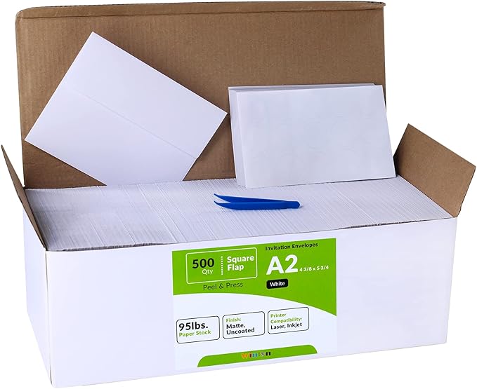 500 Pcs Bulk A2 Invitation Envelopes in White Peel & Press Self Seal 4 3/8 x 5 3/4 Square Flap Envelopes RSVP Return Envelopes 95lb. for Announcement Mailing 4x5 Greeting Cards Photo 1/4 Fold Cards