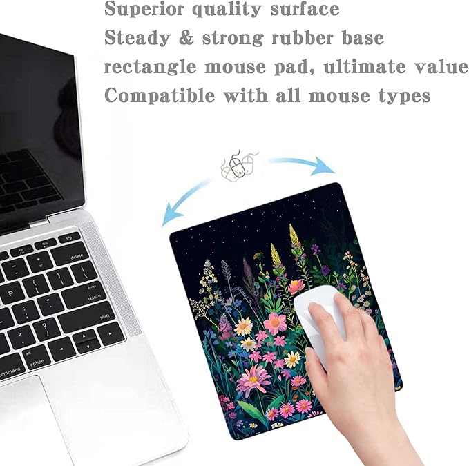 Black Beauty Folral Flowers Plants Mouse Pad,Brightly Colored Unique Design Computer Mousepad with Non-Slip Rubber Base for Women,Washable Mousepads Computer Mouse Pads for Desk Laptop