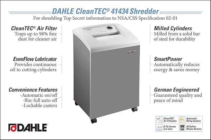 DAHLE CleanTEC 41434 Paper Shredder w/Air Filter, P-7 Super Micro Cut, NSA/CSS 02-01, German Engineered, Jam Protection, Auto Oiler, 8 Sheet Max
