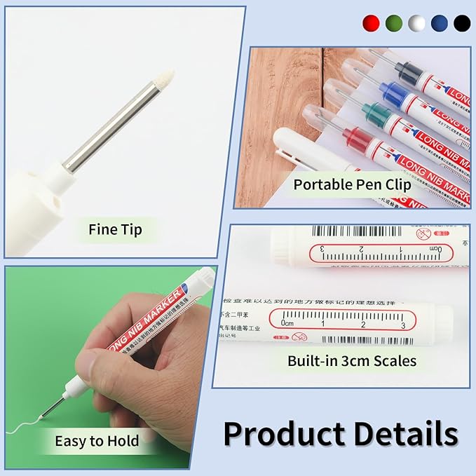 15 Pcs Long Nib Marker, 20 mm Long Head Deep Hole Marker Pens, Fine Nose Tip Deep Reach Permanent Paint Markers for Metal, Marking Pen for Drilling, Carpenter, Woodworking, Construction (Colorful)