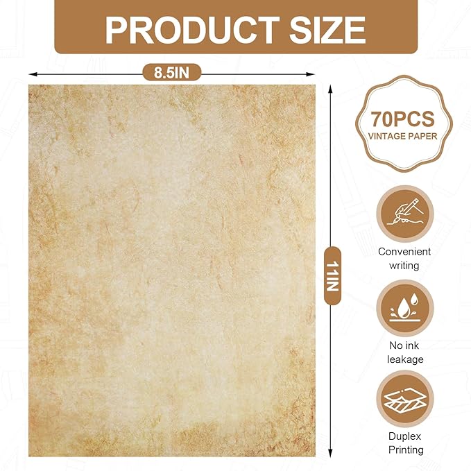 Joyberg 70PCS Vintage Paper 8.5 x 11 in Parchment paper for Writing Letter writing Paper, Decorative Printer Paper for Invitation, Letter, Resume, Award, Diploma, Art, Craft, Certificate Antique