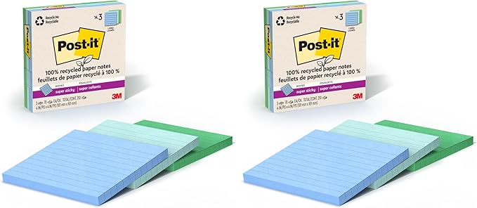 Post-it 100% Recycled Paper Super Sticky Notes, 2X The Sticking Power, 4x4 in, 3 Pads, 70 Sheets/Pad, Oasis Collection (675R-3SST) (Pack of 2)