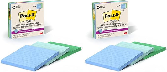 Post-it 100% Recycled Paper Super Sticky Notes, 2X The Sticking Power, 4x4 in, 3 Pads, 70 Sheets/Pad, Oasis Collection (675R-3SST) (Pack of 2)