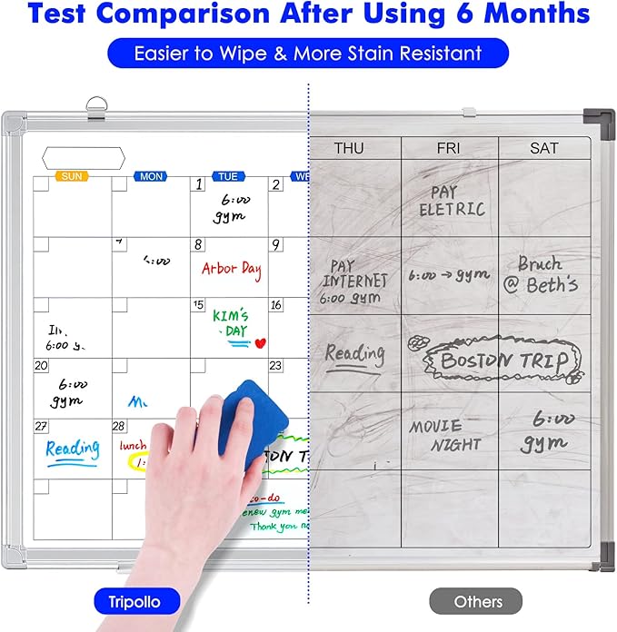 Dry Erase Calendar Whiteboard for Wall, 24" x 18" Magnetic Monthly White Board Calendar Dry Erase, Wall Hanging Aluminum Frame with Tray for Home, School, Office