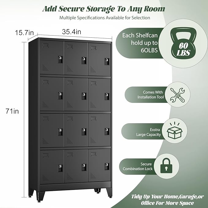 Metal Lockers for Employees-12 Doors Storage Locker with Shelves and Lockable Steel Cabinet for School,Gym,Office,Staff,Assembly Required,Black