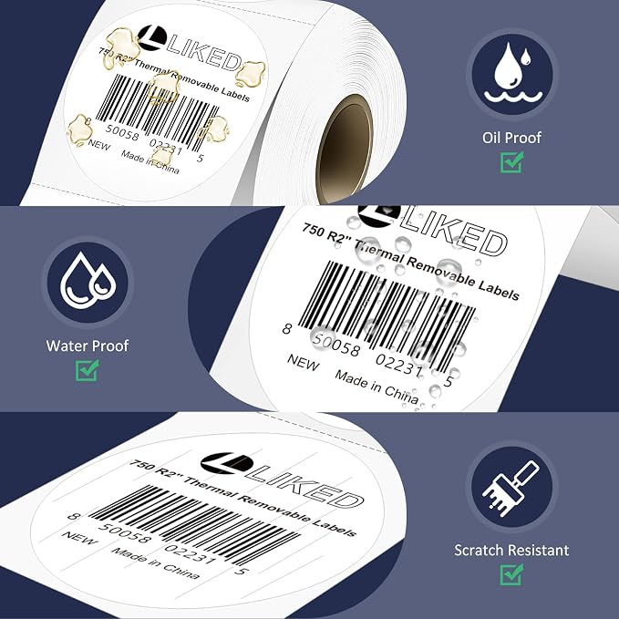 L LIKED 2" Round Direct Thermal Labels 7500 Permanent Adhesive Labels | 10 Rolls, 750 Labels/Roll, BPA Free, Block Old Information, Perforated, Compatible with Most Desktop Printers