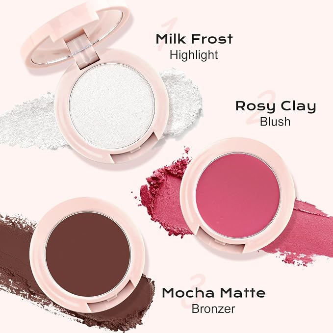 Color Nymph Blush and Highlighter Palette, 3 in 1 Contour Palette | Stackable Travel Makeup Kit, Long-Lasting, Lightweight & Buildable Matte Powder for a Glowing Look, Includes Brush & Mirror