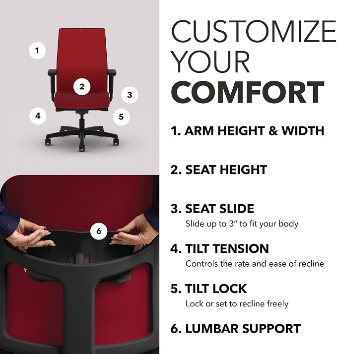 HON Ignition 2.0 Ergonomic Office Chair, Lumbar Support, Bullseye | Ergonomic office desk chair with lumbar support, adjustable arms, office decor, workstation comfort for focused productivity