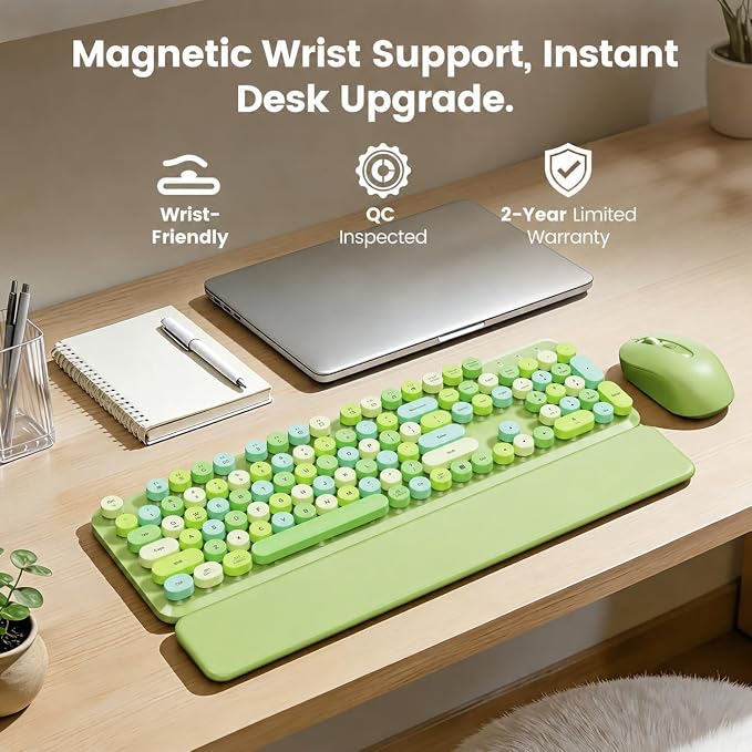 Wireless Keyboard and Mouse Combo with Magnetic Wrist Rest, Round Keycaps, Full-Size Retro Typewriter-Style, Two-Stage Tilt Legs, Auto-Sleep, 2.4G Wireless for Windows Mac Laptop PC, Green Colorful