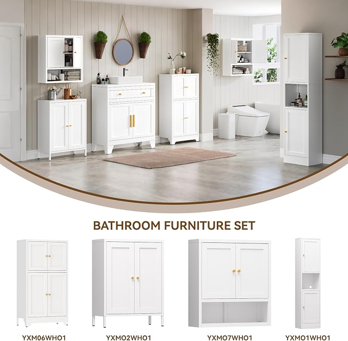 YAUWOH Metal Bathroom Cabinet with Glass Doors,Bathroom Floor Storage Cabinet with 2 Adjustable Shelves & 2 Doors, Sideboard for Small Spaces, Living Room, Dining Room, Home Office