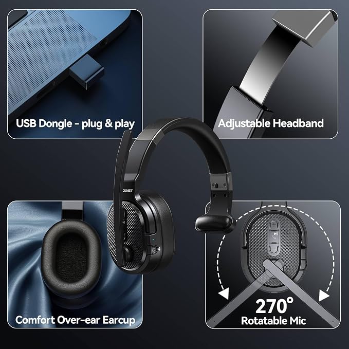 TECKNET Bluetooth Trucker Wireless Headset, Noise Cancelling Mic for Work | Single Ear, 50Hrs Battery, 3 EQ Music Modes, Clear Mic Wireless Headset for PC, Truck Drivers, Office & Call Center