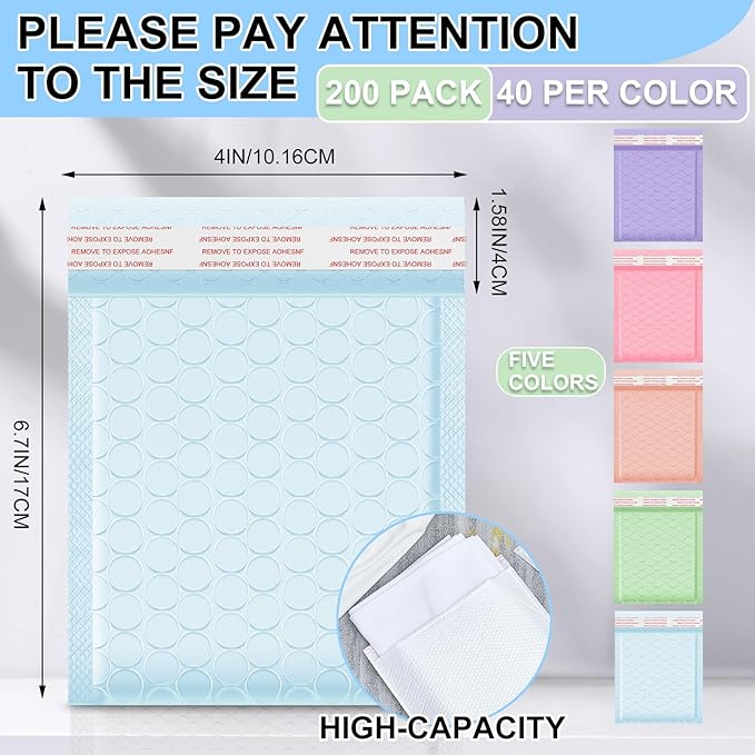 Gueevin 200 Pcs Bubble Mailer 4 x 6 Inch Small Shipping Bags Waterproof Padded Envelopes Self Adhesive Poly Bubble Packaging Envelopes Bulk for Shipping Mailing Trading Card Packaging (Pastel Color)