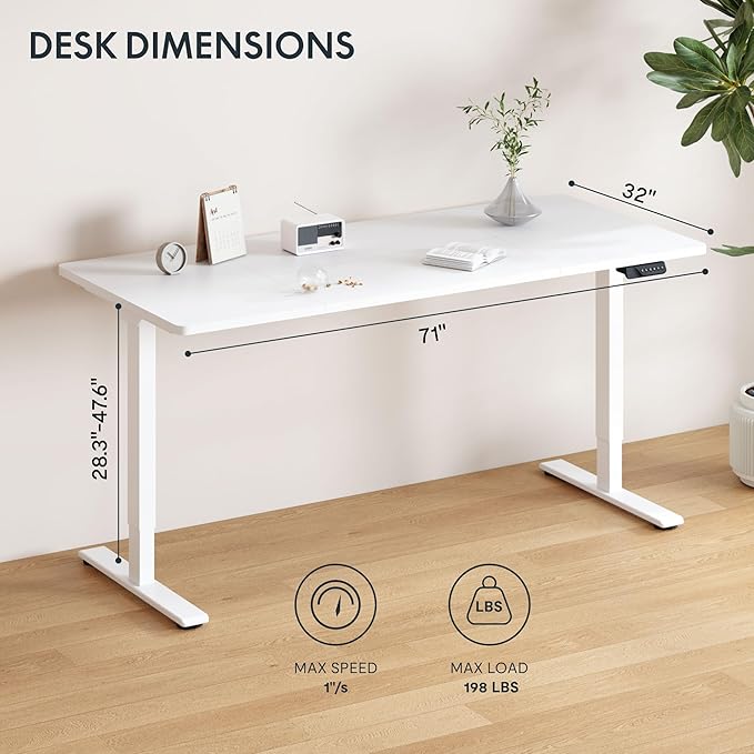 FLEXISPOT 71"x32" Large Dual Motor Electric Standing Desk, White - 198 LBS Heavy-Duty Capacity, Ideal for Home Office, Creative Studio, or Multi-Monitor Setup