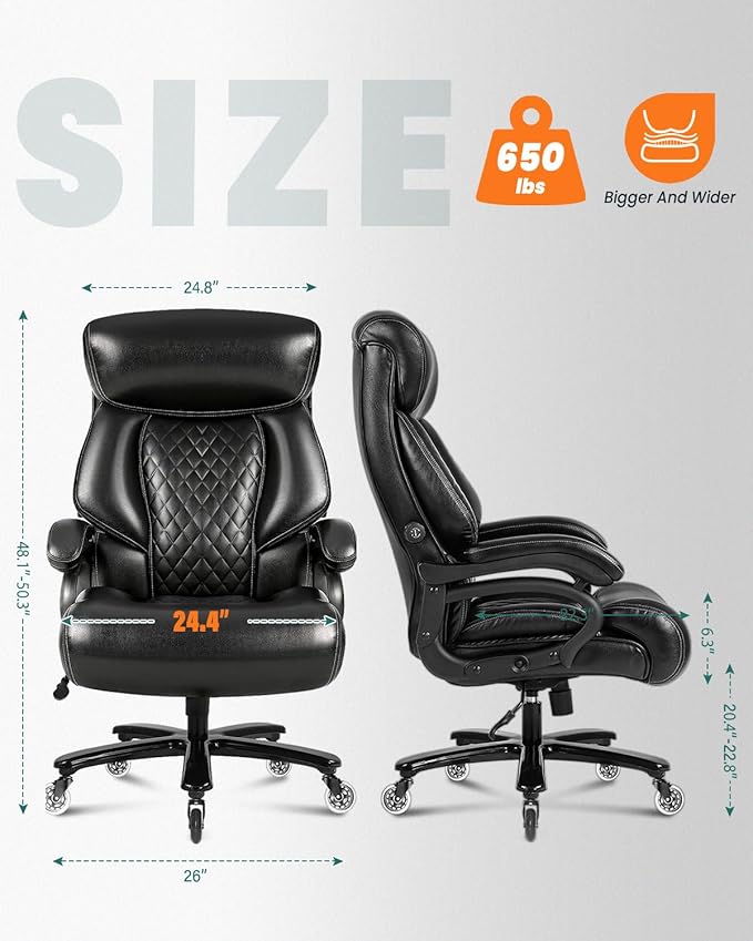 BOSMILLER 650lbs Large Big and Tall Office Chair for Heavy People with Adjustment Lumbar Support, Comfy Padded Heavy Duty Leather Executive Office Chair with Quiet Rubber for Adults 8 Hours Daliy Work