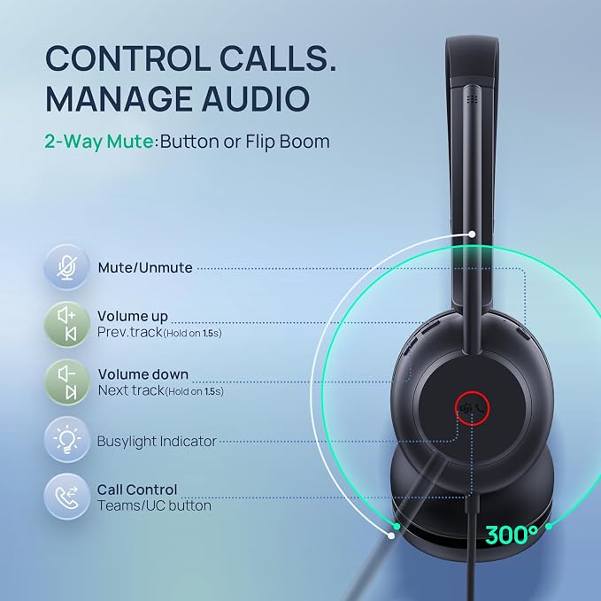 Yealink UH35 2nd Gen Wired Headset, USB-C/A,AI Noise Canceling Mic,HD Audio | Teams/Zoom Certified, Single-ear Headphones with 2-Microphones, Play&Plug for PC/Phone, Work,Calls,Online Meeting,5.6ft Cable