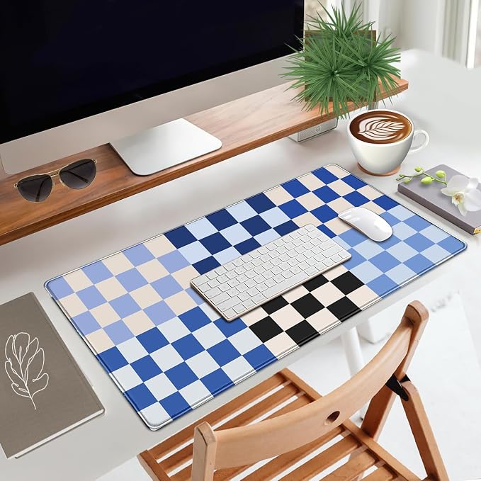 Checkered Desk Mat Blue Large Mouse Pad with Stitched Edges, XXL Keyboard Pad Mouse Mat for Computer Deor Desk Matt for Desktop 31.5 X 15.7In