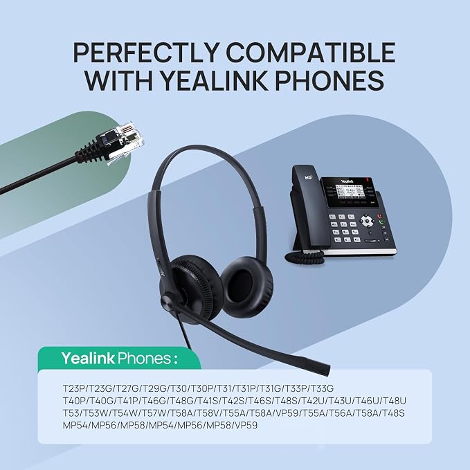 Yealink Phone Headsets for Office Phones YHS34 QD to RJ9 Wired Headset | Leather ear pads,Compatible with Poly Snom Grandstream Phones Desk Landline Headset with Microphone -Mono/72g/2.1m Cable